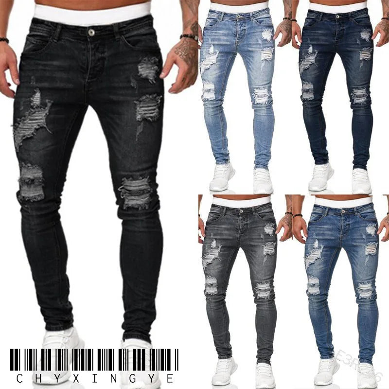 Vaqueros Slim Fit Deslavados con Rotos en las Rodillas / Jeans Ajustados Estilo Destruido Callejero